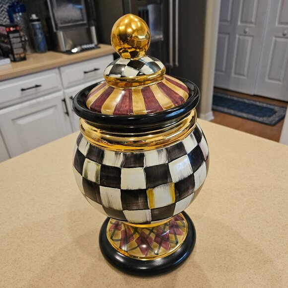 RARE MACKENZIE CHILDS ARGYLE PLAID AURORA CERAMIC GLOBE STORAGE CANISTER JAR - Picture 2 of 16